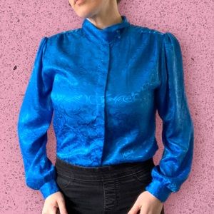 Vintage 1980s Brian David Royal Blue Floral Mock Neck Button Secretary Blouse